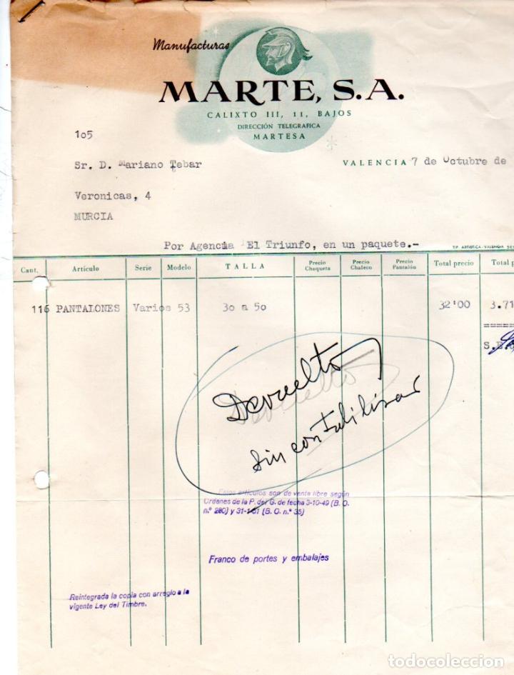 Factures anciennes: FACTURA, MANUFACTURAS MARTES ,S.A. VALENCIA ,1957.