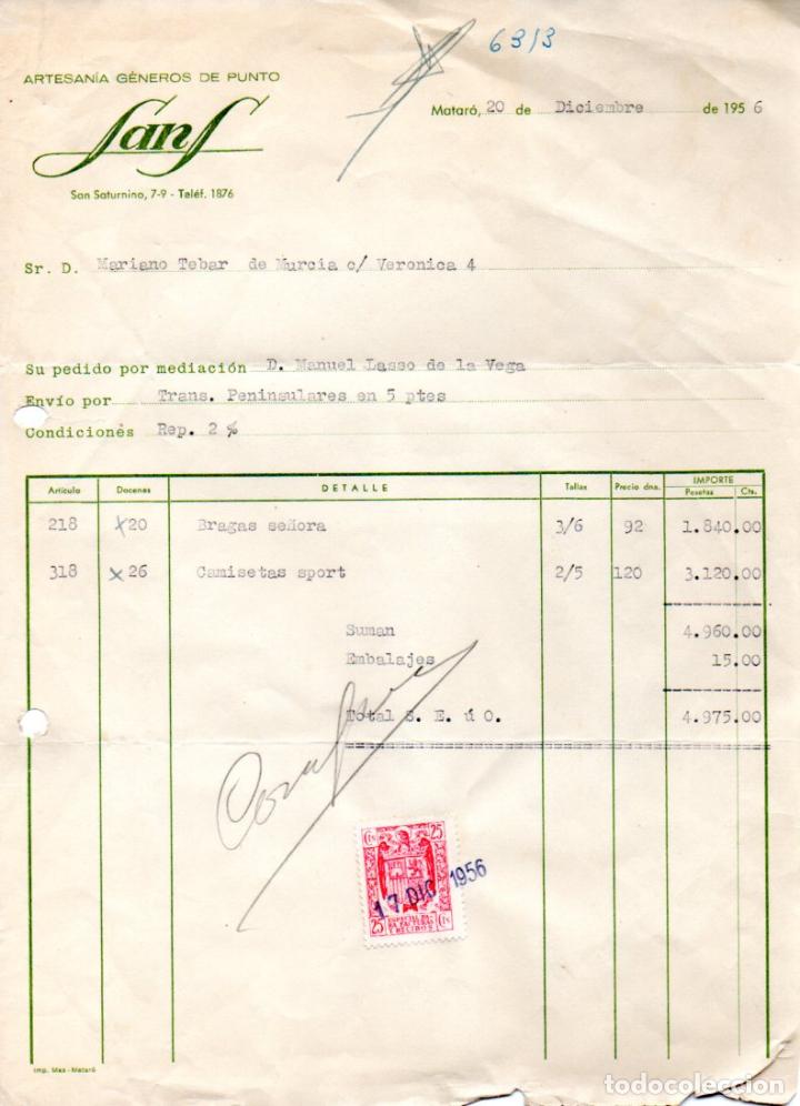 Factures anciennes: FACTURA,SANS, ARTESANIA GENEROS DE PUNTO,MATARO, 1956.