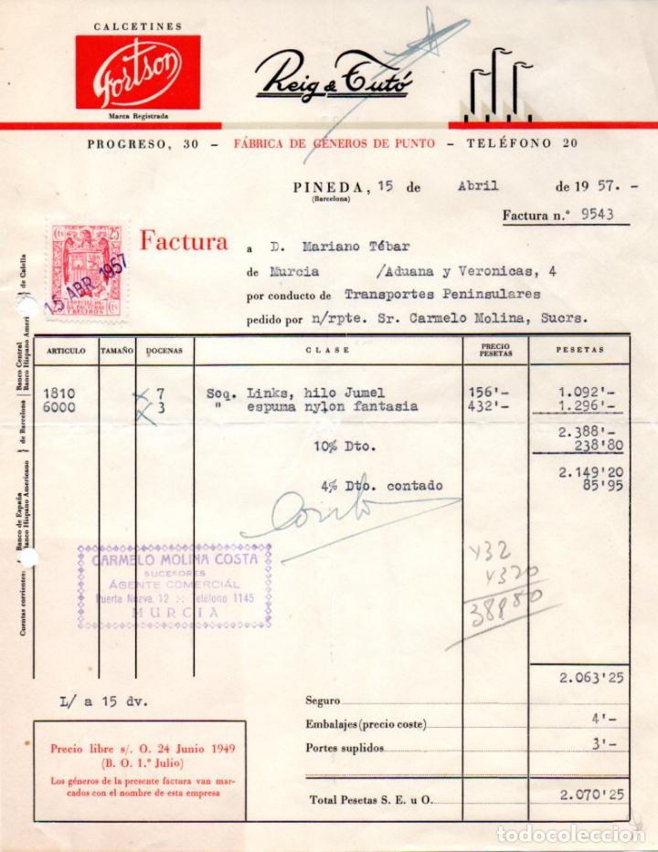 Factures anciennes: FACTURA,REIG & TUTO ,FABRICA DE GENEROS DE PUNTO, PINEDA, BARCELONA,1957.
