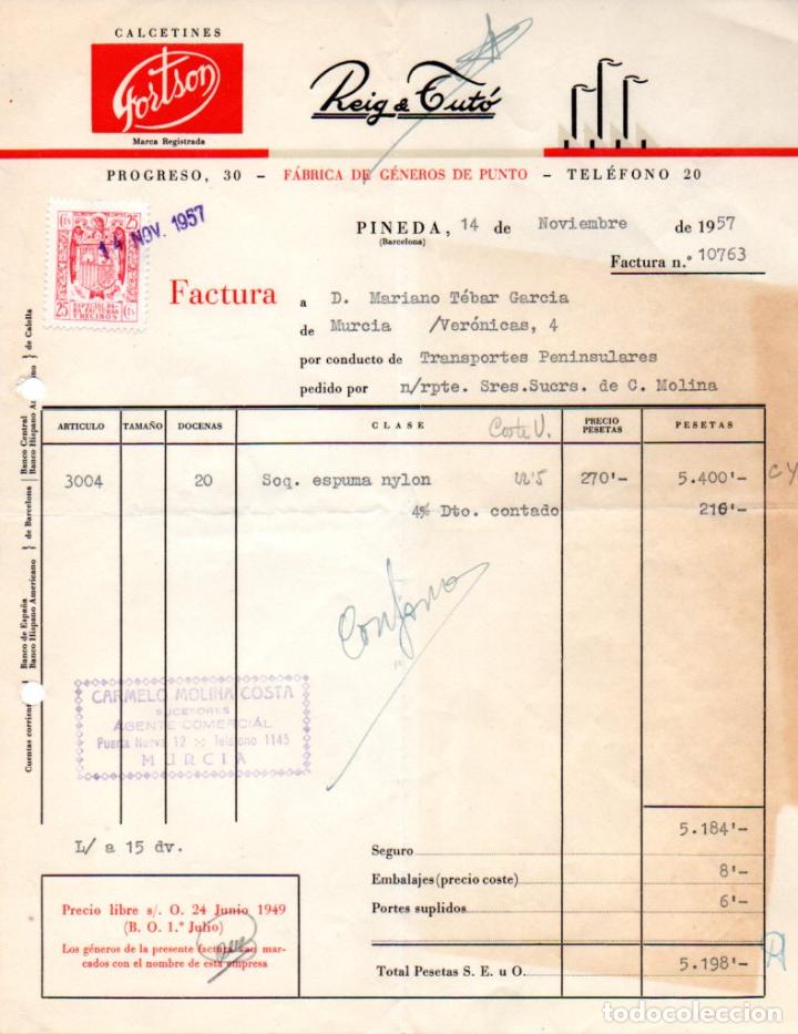 Factures anciennes: FACTURA,REIG & TUTO, FABRICA DE GENEROS DE PUNTO,PINEDA, BARCELONA ,1957.