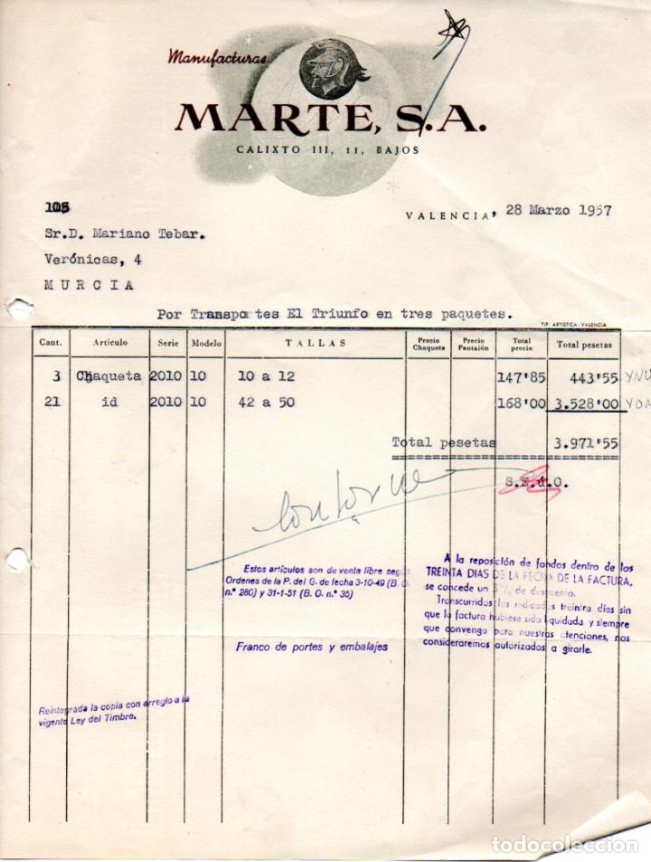 Factures anciennes: FACTURA,MANUFACTURAS MARTE S.A. VALENCIA ,1957.