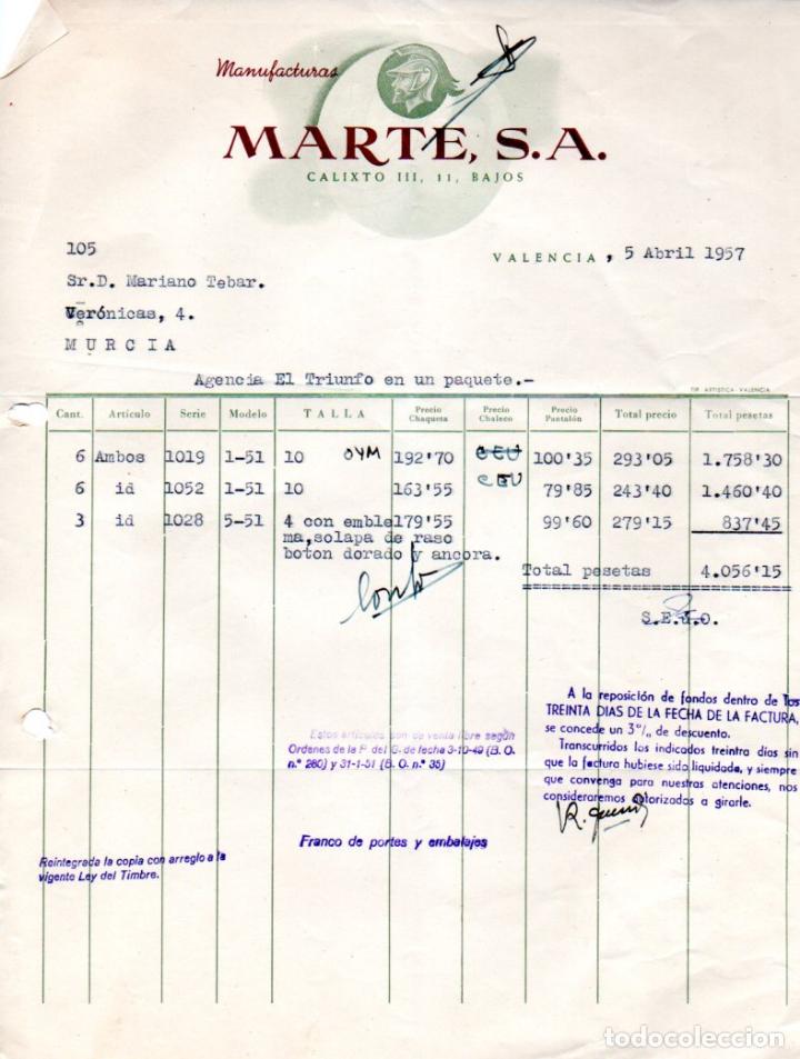 Factures anciennes: FACTURA,MANUFACTURAS MARTE S.A. VALENCIA ,1957.