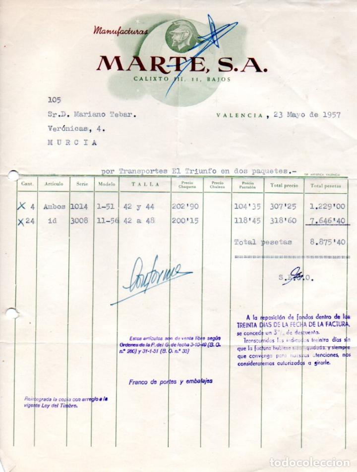 Factures anciennes: FACTURA,MANUFACTURAS MARTE S.A. VALENCIA ,1957.