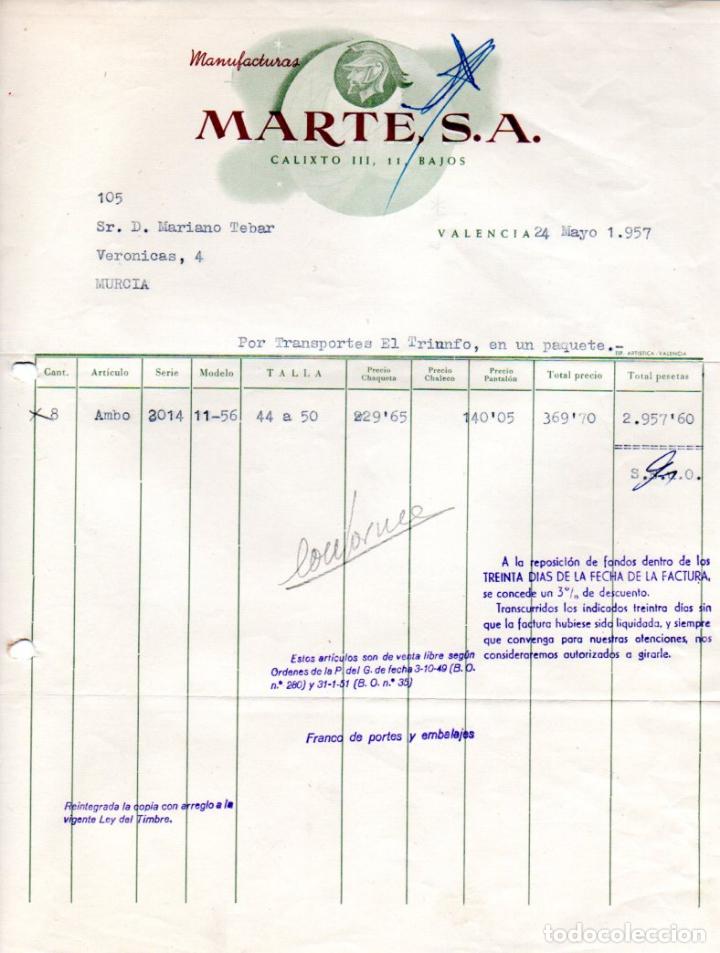 Factures anciennes: FACTURA,MANUFACTURAS MARTE S.A. VALENCIA ,1957.