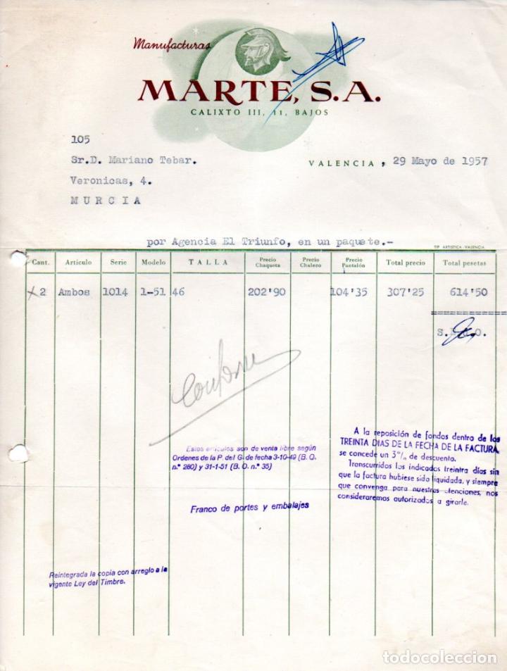 Factures anciennes: FACTURA,MANUFACTURAS MARTE S.A. VALENCIA ,1957.