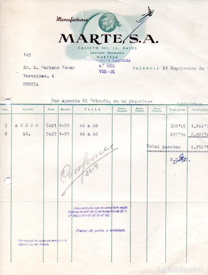 Factures anciennes: FACTURA,MANUFACTURAS MARTE S.A. VALENCIA ,1957.