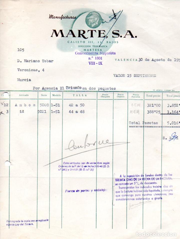 Factures anciennes: FACTURA,MANUFACTURAS MARTE S.A. VALENCIA ,1957.