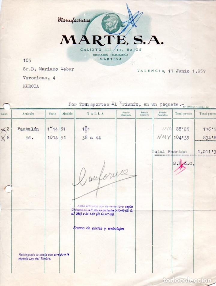 Factures anciennes: FACTURA,MANUFACTURAS MARTE S.A. VALENCIA ,1957.