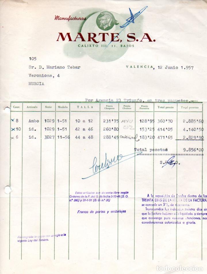 Factures anciennes: FACTURA,MANUFACTURAS MARTE S.A. VALENCIA ,1957.