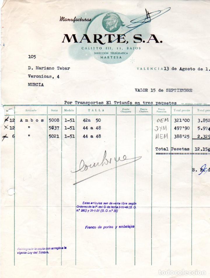 Factures anciennes: FACTURA,MANUFACTURAS MARTE S.A. VALENCIA ,1957.