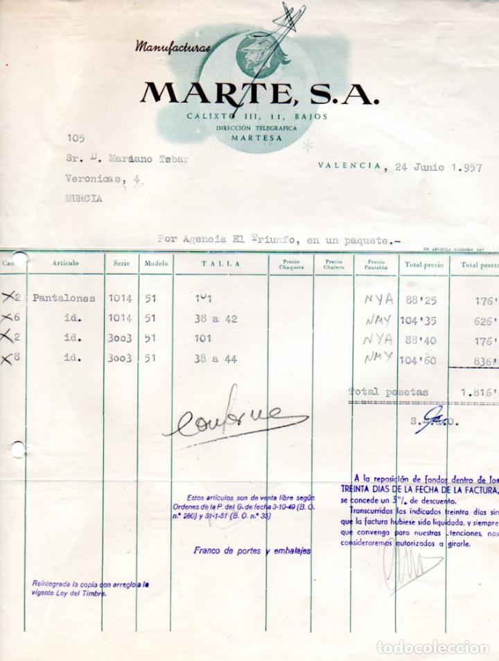 Factures anciennes: FACTURA,MANUFACTURAS MARTE S.A. VALENCIA ,1957.