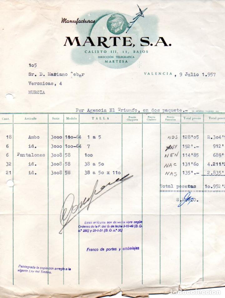 Factures anciennes: FACTURA,MANUFACTURAS MARTE S.A. VALENCIA ,1957.