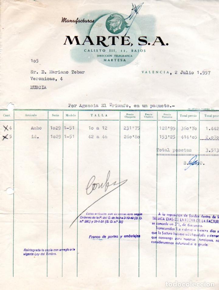 Factures anciennes: FACTURA,MANUFACTURAS MARTE S.A. VALENCIA ,1957.
