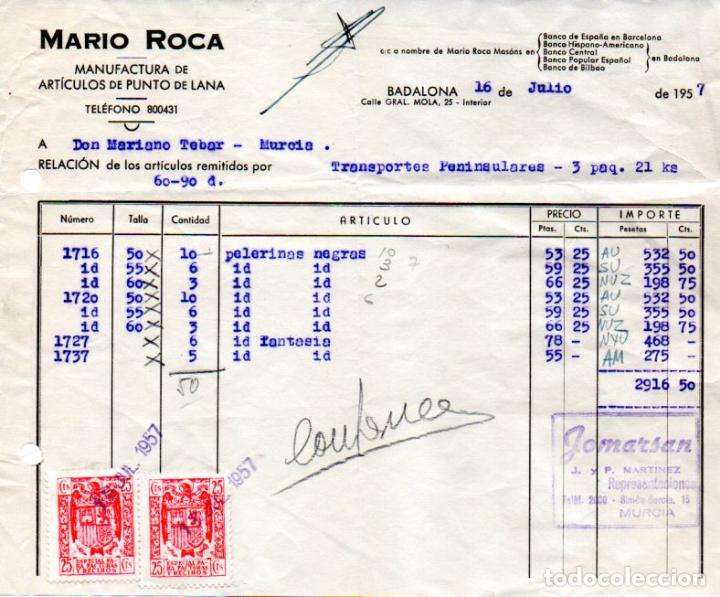 Factures anciennes: FACTURA,MARIO ROCA , MANUFACTURA DE ARTICULOS DE PUNTO DE LANA, BADALONA,1957.
