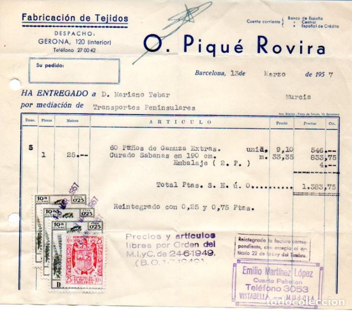 Factures anciennes: FACTURA,O.PIQUE ROVIRA, FABRICACION DE TEJIDOS, BARCELONA ,1957.