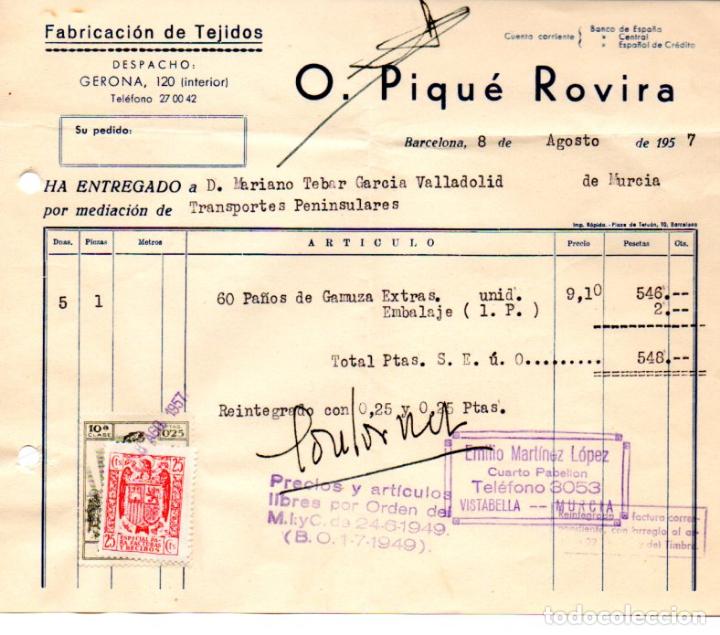 Factures anciennes: FACTURA,O.PIQUE ROVIRA, FABRICACION DE TEJIDOS, BARCELONA ,1957.