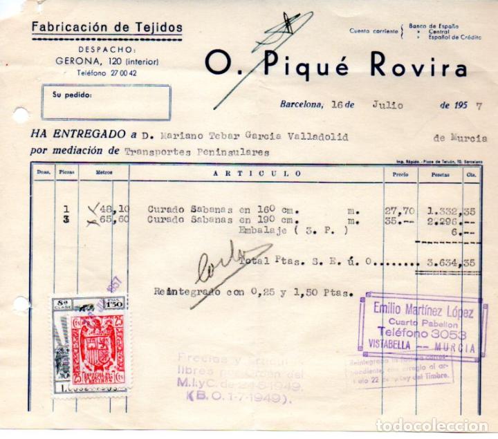 Factures anciennes: FACTURA,O.PIQUE ROVIRA, FABRICACION DE TEJIDOS, BARCELONA ,1957.