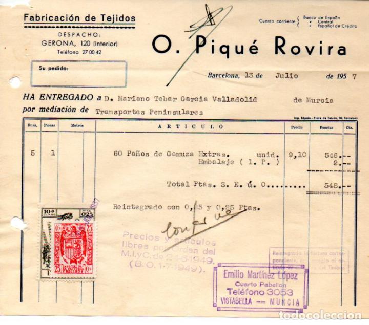 Factures anciennes: FACTURA,O.PIQUE ROVIRA, FABRICACION DE TEJIDOS, BARCELONA ,1957.