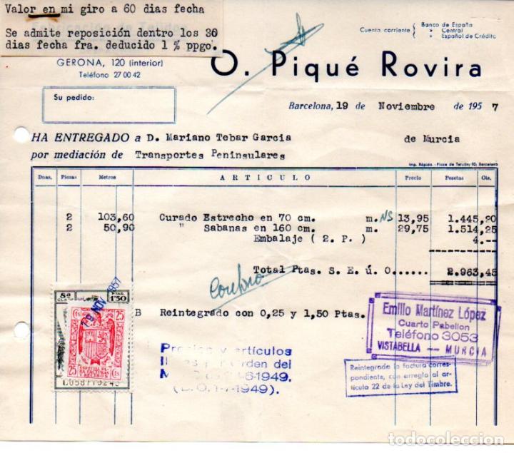 Factures anciennes: FACTURA,O.PIQUE ROVIRA, FABRICACION DE TEJIDOS, BARCELONA ,1957.