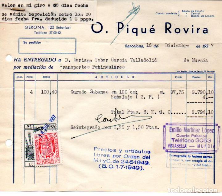 Factures anciennes: FACTURA,O.PIQUE ROVIRA, FABRICACION DE TEJIDOS, BARCELONA ,1957.