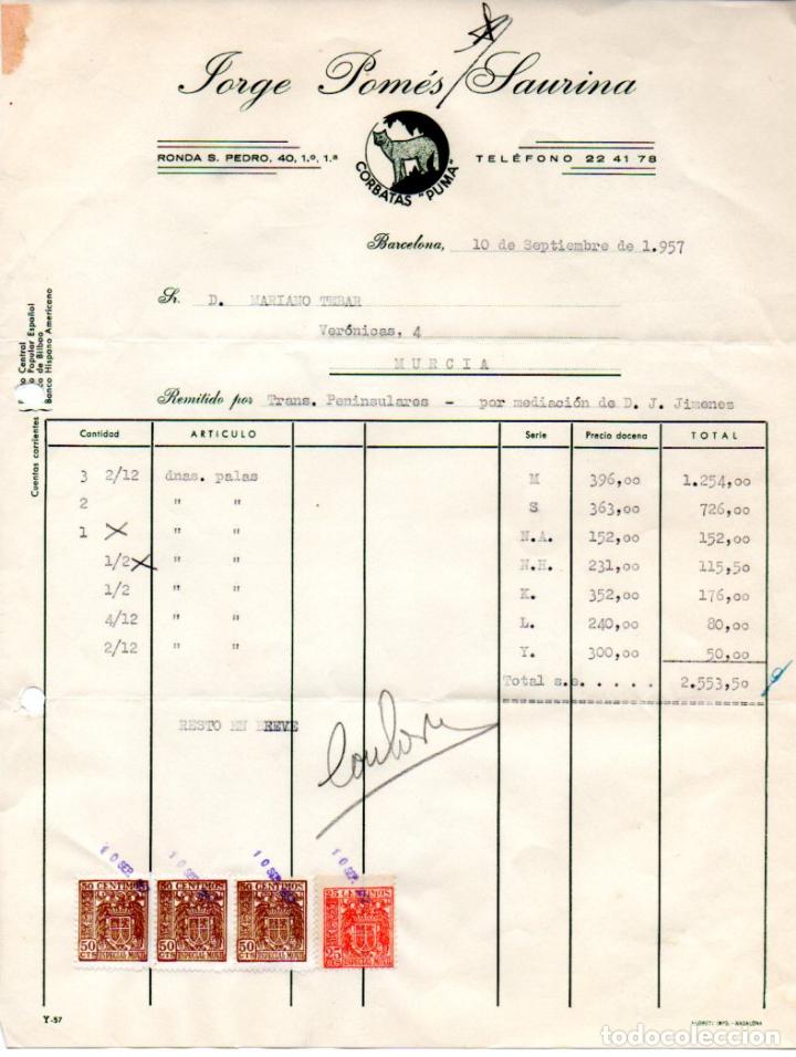 Factures anciennes: FACTURA,JORGE POMES SURINA,BARCELONA ,1957.