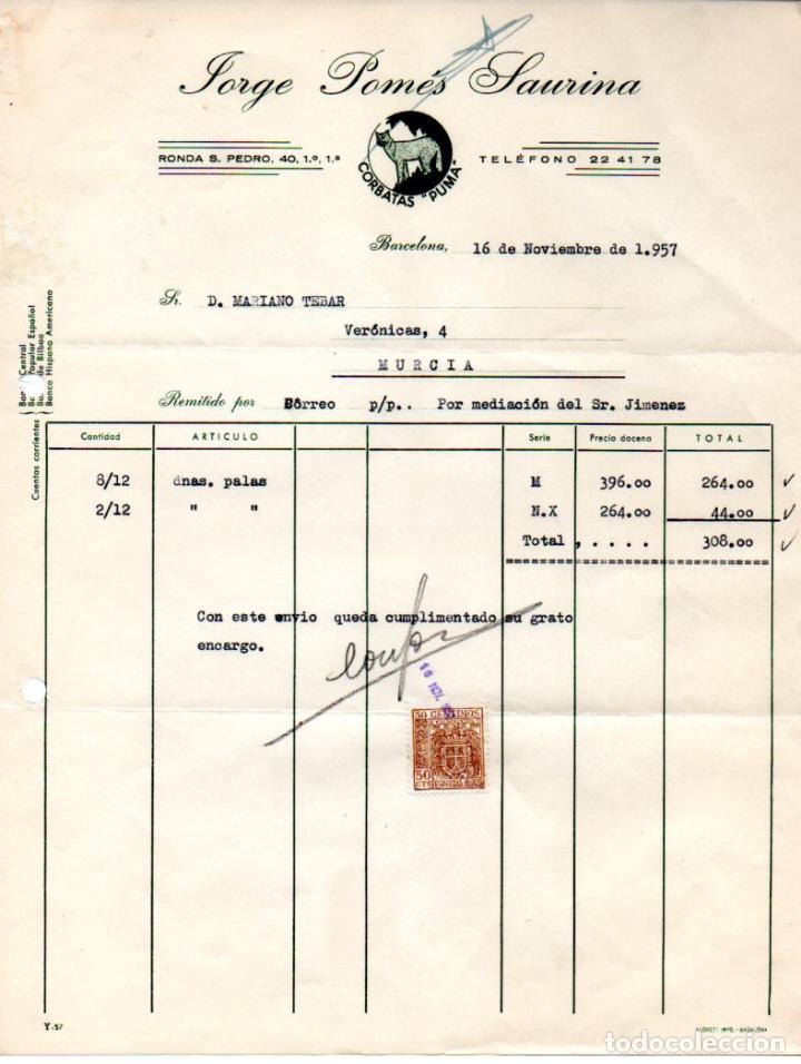 Factures anciennes: FACTURA,JORGE POMES SURINA,BARCELONA ,1957.