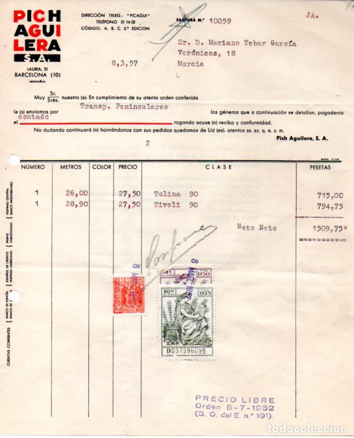 Factures anciennes: FACTURA ,PICHAGUILERA,S.A. BARCELONA ,1957.