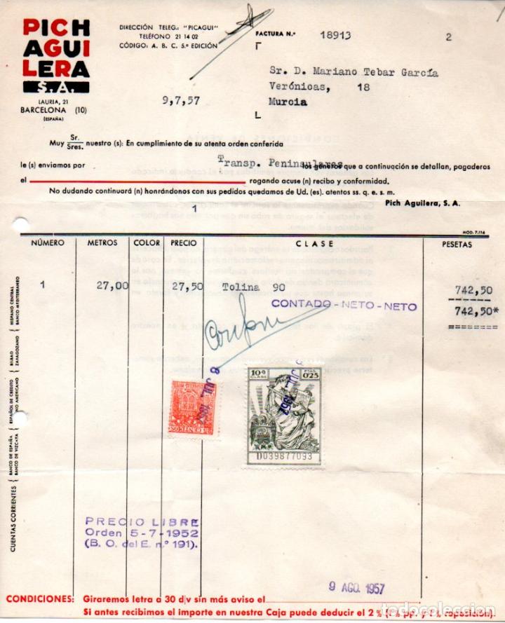 Factures anciennes: FACTURA ,PICHAGUILERA,S.A. BARCELONA ,1957.