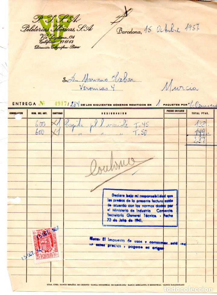 Factures anciennes: FACTURA ,PELETERIAS IBERICAS ,S.A. BARCELONA ,1957.