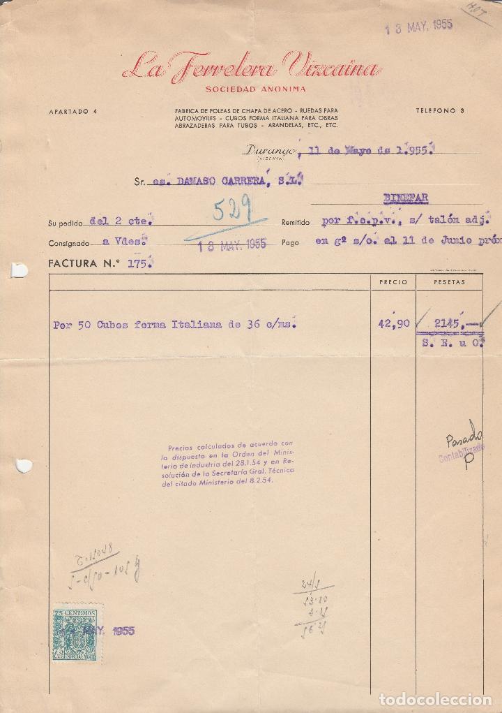 Fatture antiche: FACTURA. LA FERRETERA VIZCAINA S.A. FABRICA DE POLEAS DE CHAPA DE ACERO. DURANGO. VIZCAYA. 1955.