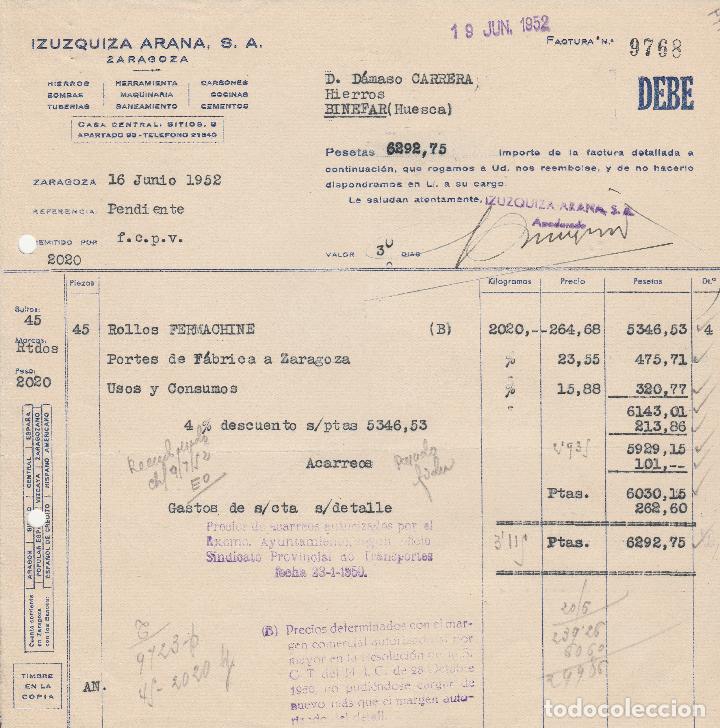 Factures anciennes: FACTURA. IZUZQUIZA ARANA, S.A. HIERROS-BOMBAS-TUBERIAS. ZARAGOZA. 1952.