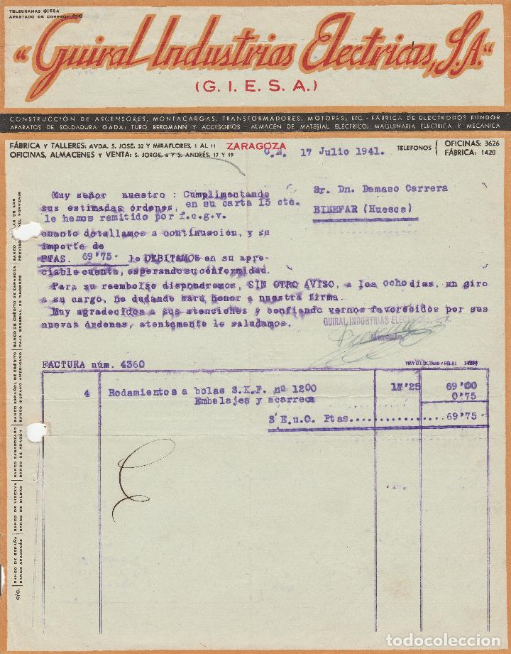 Factures anciennes: FACTURA. GUIRAL INDUSTRIAS EL&Eacute;CTRICAS, S.A. CONSTRUCCI&Oacute;N DE ASCENSORES. ZARAGOZA. 1941.