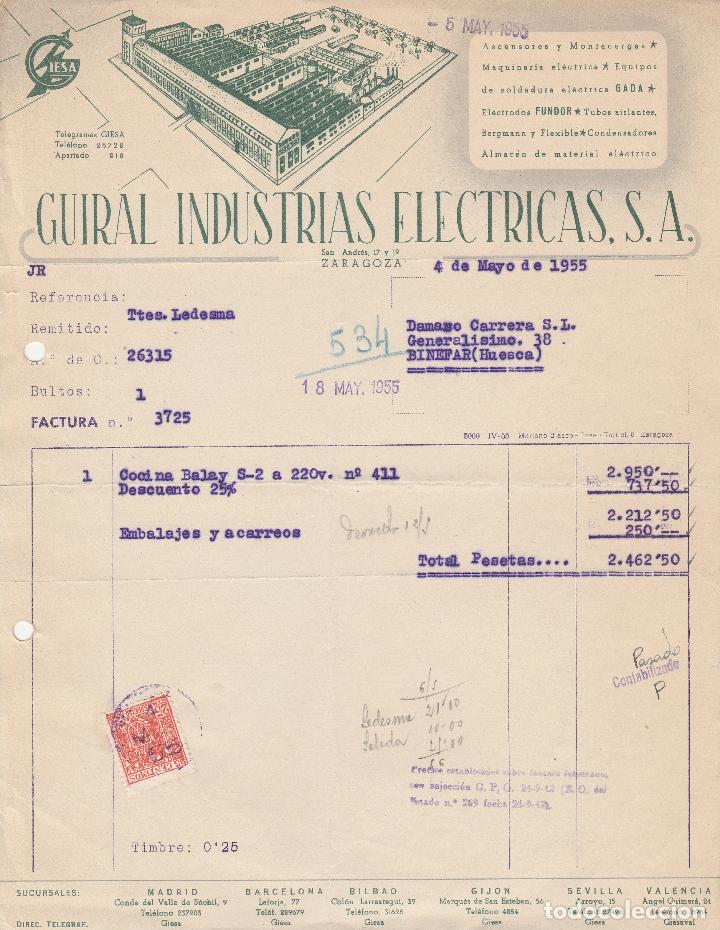 Factures anciennes: FACTURA. GUIRAL INDUSTRIAS EL&Eacute;CTRICAS, S.A. CONSTRUCCI&Oacute;N DE ASCENSORES. ZARAGOZA. 1955.