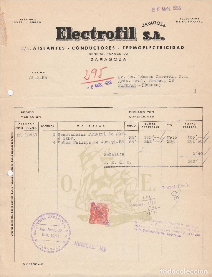 Factures anciennes: FACTURA. ELECTROFIL S.A. AISLANTES-CONDUCTORES-TERMOELECTRICIDAD. ZARAGOZA. 1958.