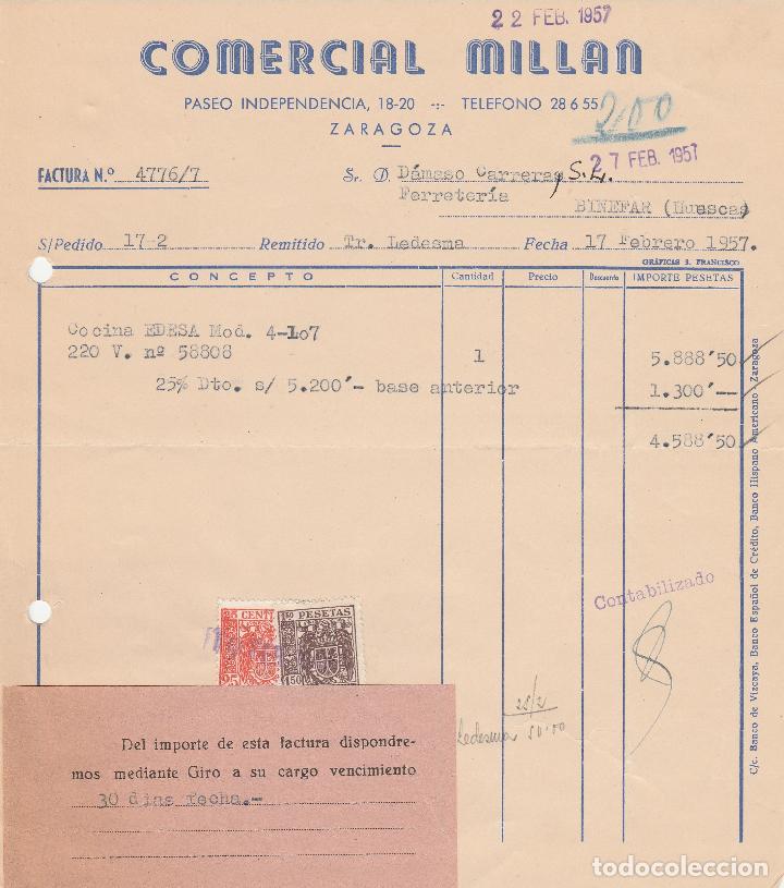 Factures anciennes: FACTURA.COMERCIAL MILLAN. COCINAS. ZARAGOZA. 1957.