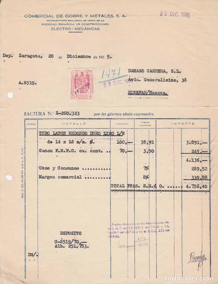 Factures anciennes: FACTURA. COMERCIAL DE COBRE Y METALES S.A, ZARAGOZA. 1955.