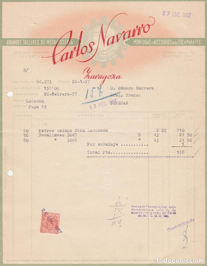Factures anciennes: FACTURA. CARLOS NAVARRO. MONTURAS Y ACCESORIOS PARA ESCAPARATES. ZARAGOZA. 1957.