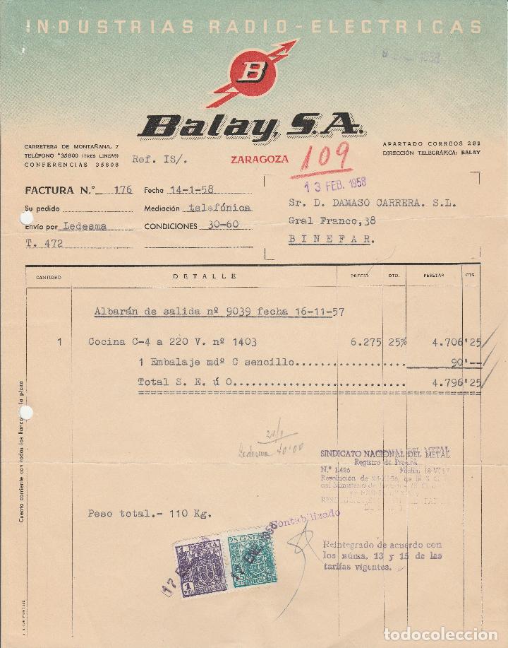 Factures anciennes: FACTURA. BALAY, S.A. INDUSTRIAS RADIO-ELECTRICAS. ZARAGOZA. 1958.