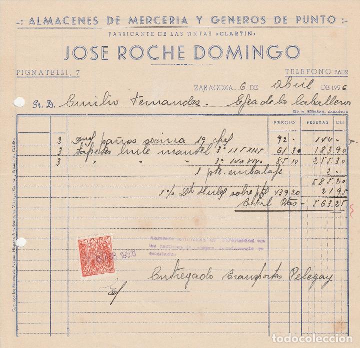 Factures anciennes: FACTURA. JOSE ROCHE DOMINGO. ALMAC&Eacute;N DE MERCER&Iacute;A Y G&Eacute;NEROS DE PUNTO. ZARAGOZA. 1956.