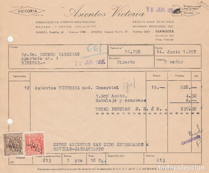 Factures anciennes: FACTURA. ASIENTOS VICTORIA. FABRICACION ASIENTOS PARA INODOROS. ZARAGOZA. 1955.