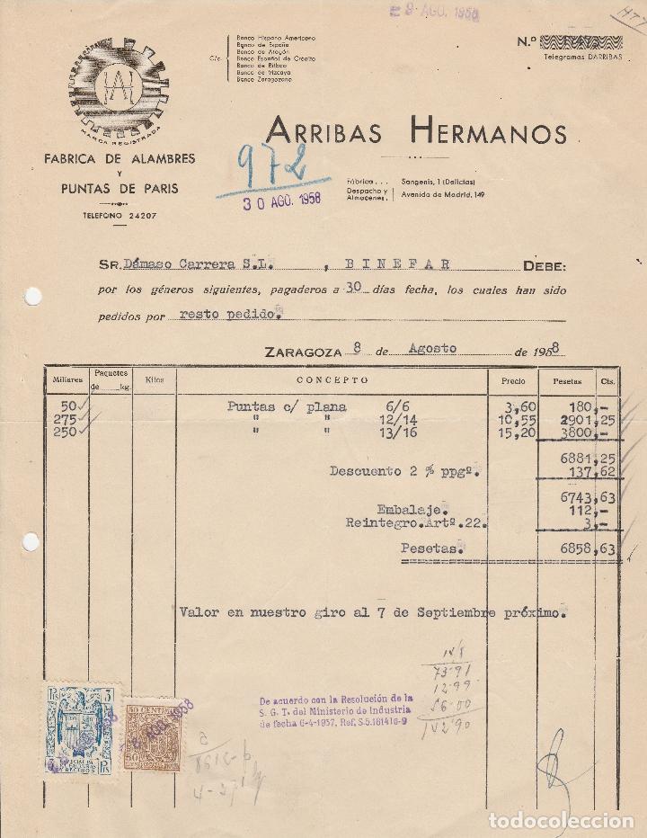 Factures anciennes: FACTURA. ARRIBAS HERMANOS. FABRICA DE ALAMBRES Y PUNTAS DE PARIS. ZARAGOZA. 1958.