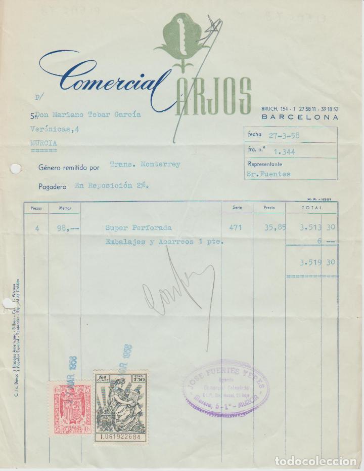 Factures anciennes: FACTURA.  COMERCIAL CARLOS. BARCELONA.  27-03-58. 1958.