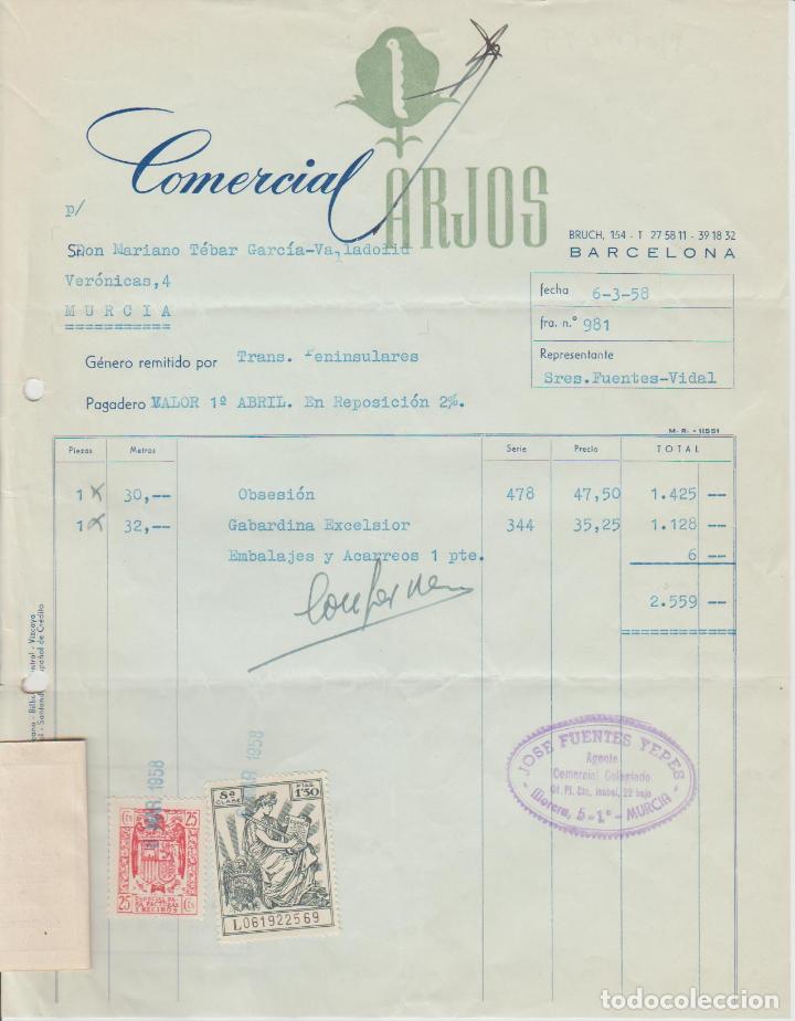 Factures anciennes: FACTURA.  COMERCIAL CARLOS. BARCELONA.  6-3-58. 1958.