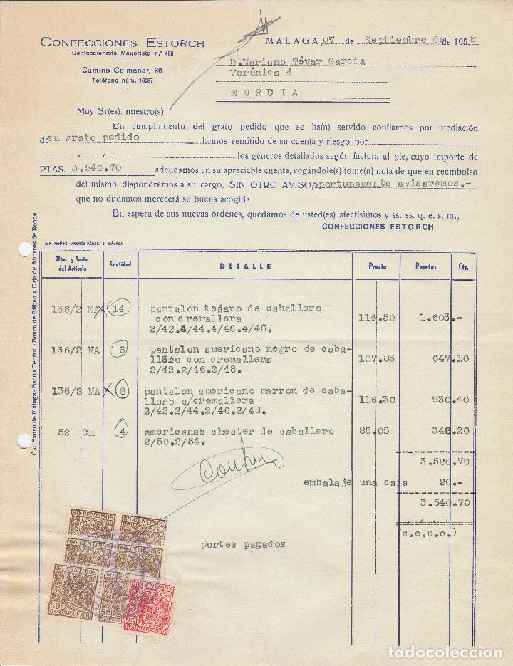 Factures anciennes: FACTURA. CONFECCIONES ESTORCH. CONFECCIONISTA MAYORISTA. MALAGA. 1958.
