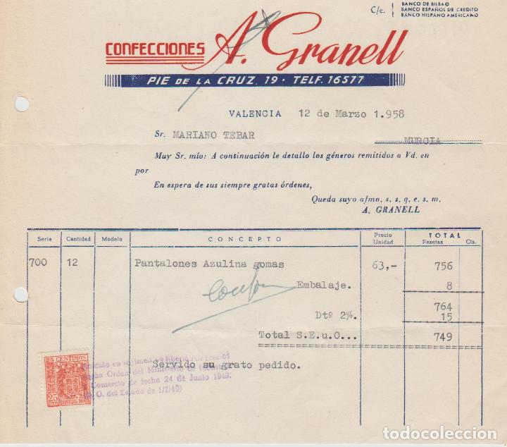 Factures anciennes: FACTURA. CONFECCIONES A. GRANELL. VALENCIA. 1958.