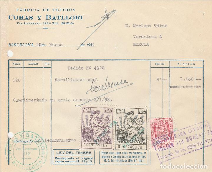 Factures anciennes: FACTURA. COMAS Y BATLLORI. FABRICA DE TEJIDOS. BARCELONA. 1958.