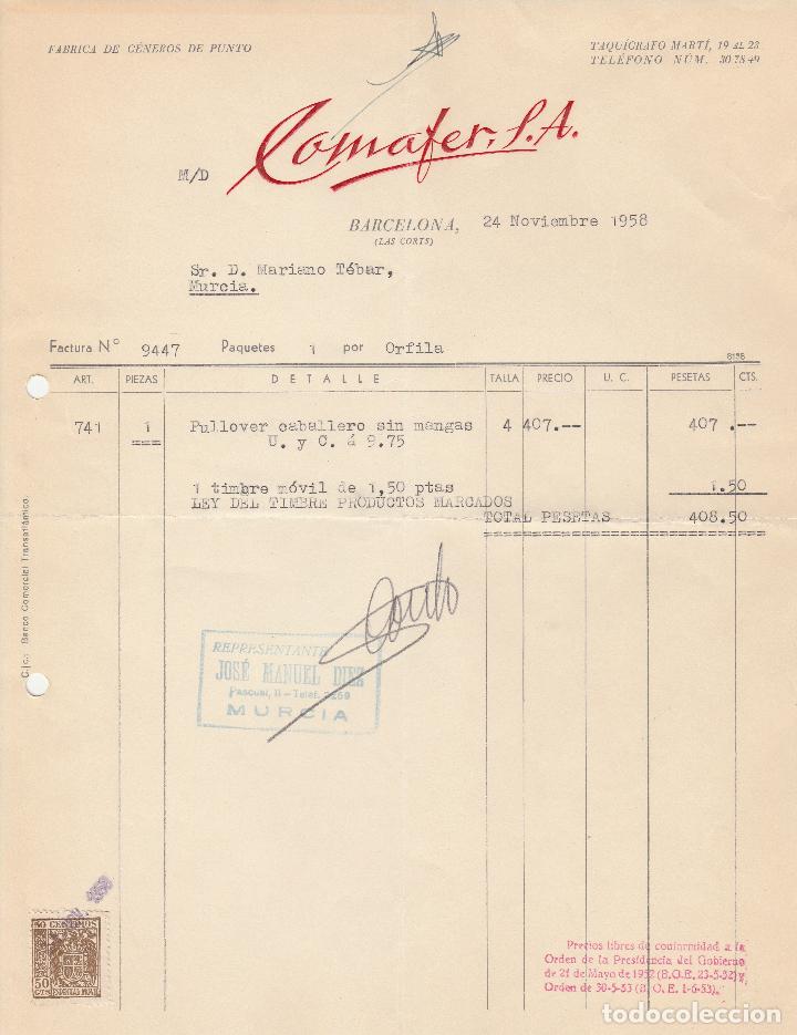Factures anciennes: FACTURA. COMAFER S.A. FABRICA DE G&Eacute;NEROS DE PUNTO. BARCELONA 1958.