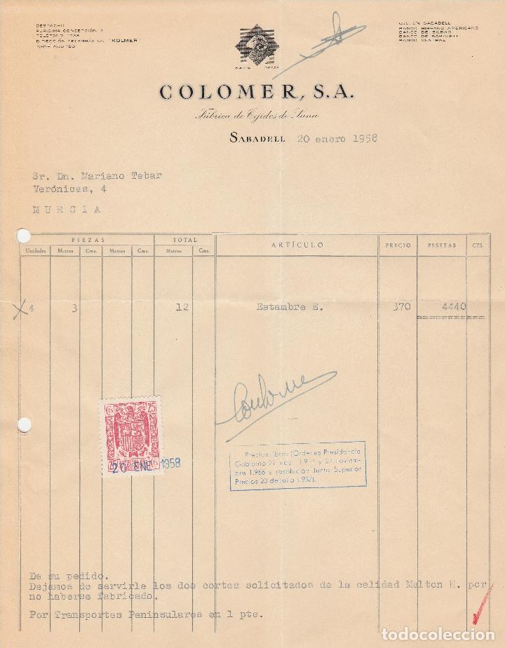 Factures anciennes: FACTURA. COLOMER S.A. FABRICA DE TEJIDOS DE LANA. SABADELL. 1958.