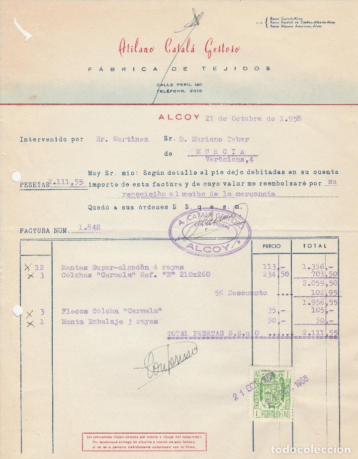 Factures anciennes: FACTURA. ATILANO CATAL&Aacute; GESTOSO. FABRICA DE TEJIDOS. ALCOY. 1958.