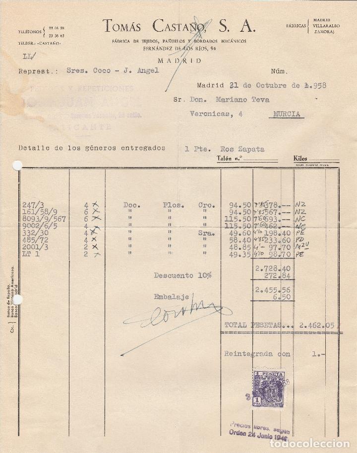 Factures anciennes: FACTURA. TOMAS CASTA&Ntilde;O S.A. TEJIDOS, PA&Ntilde;UELOS Y BORDADOS MECANICOS. MADRID. 1958.
